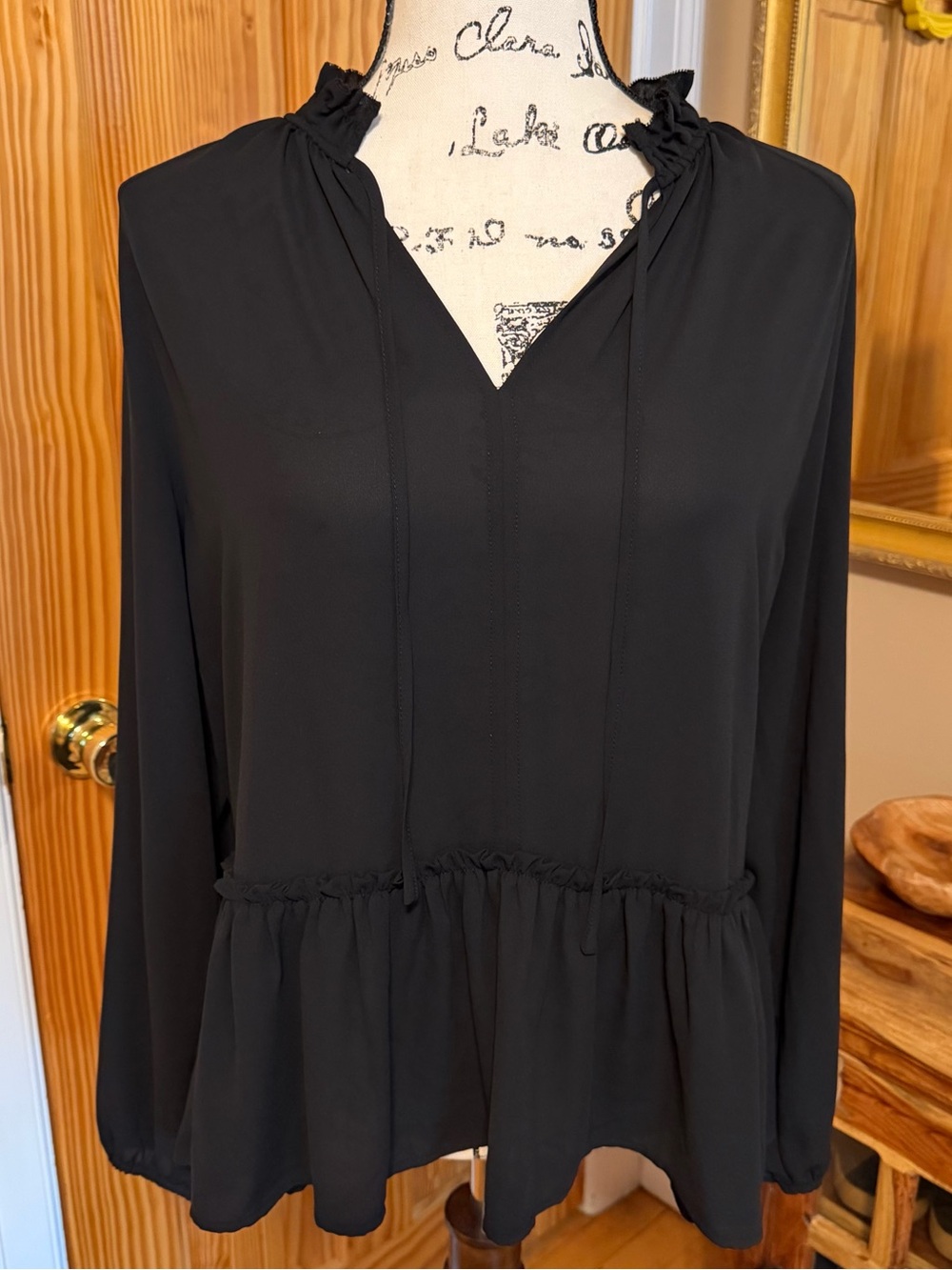 LOFT Black Ruffle Hem Peasant Blouse. Sz Medium. Color Black